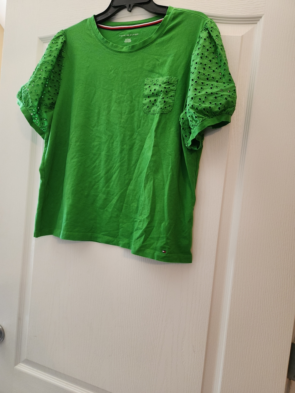 Tommy Hilfiger Bright Green Eyelet Puff Sleeve Tee